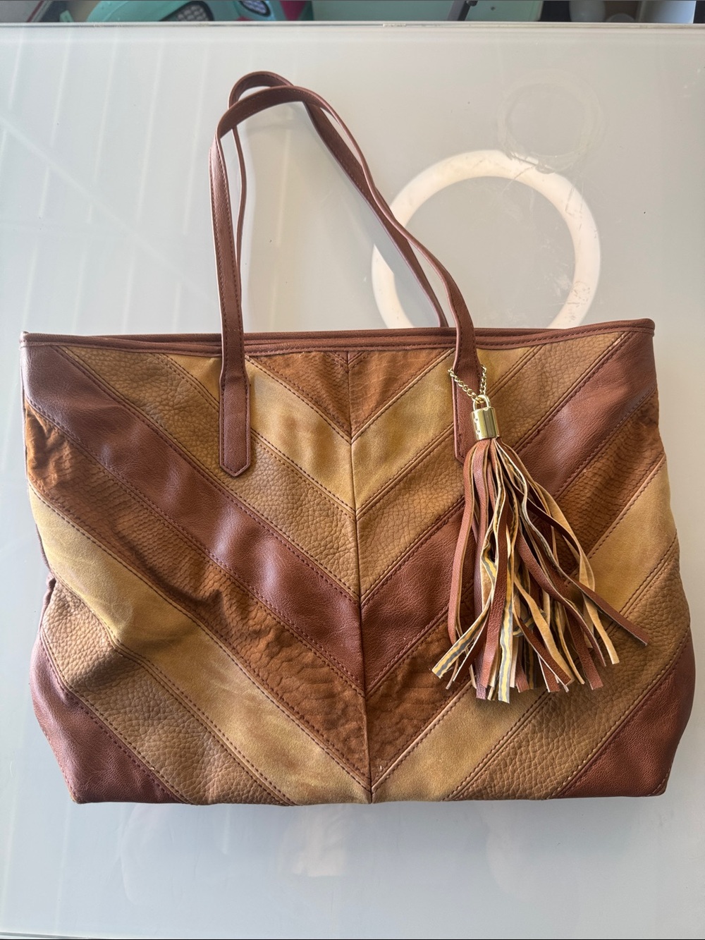 Vintage Brown & Tan Chevron Leather Tote with Tassel